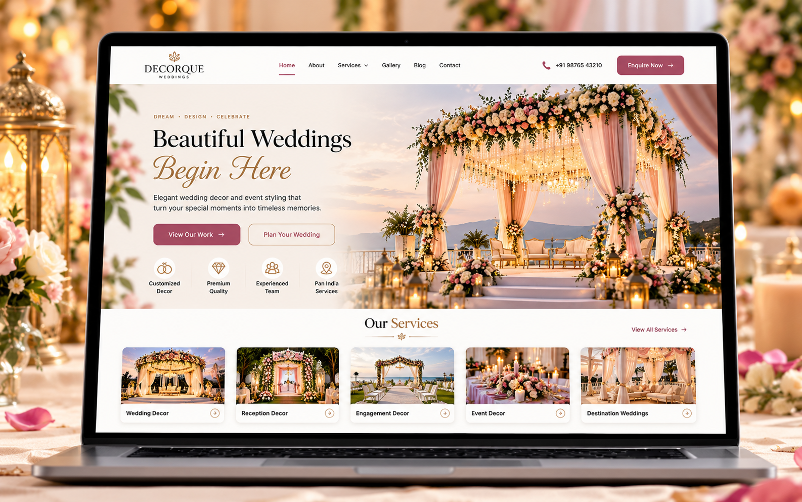 Decorque Weddings event website displayed on a laptop