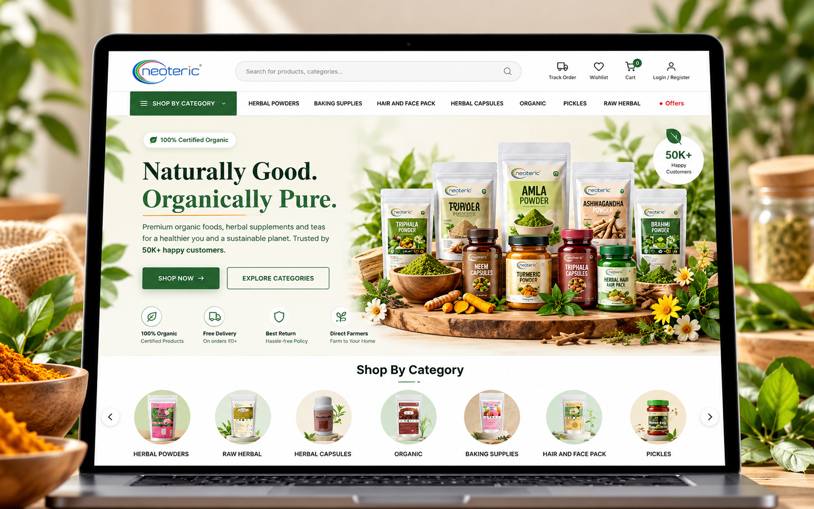 Neoteric organic products ecommerce website displayed on a laptop