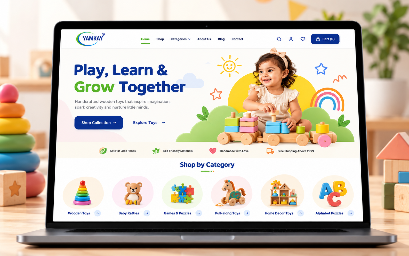 Yamkay wooden toys ecommerce website displayed on a laptop